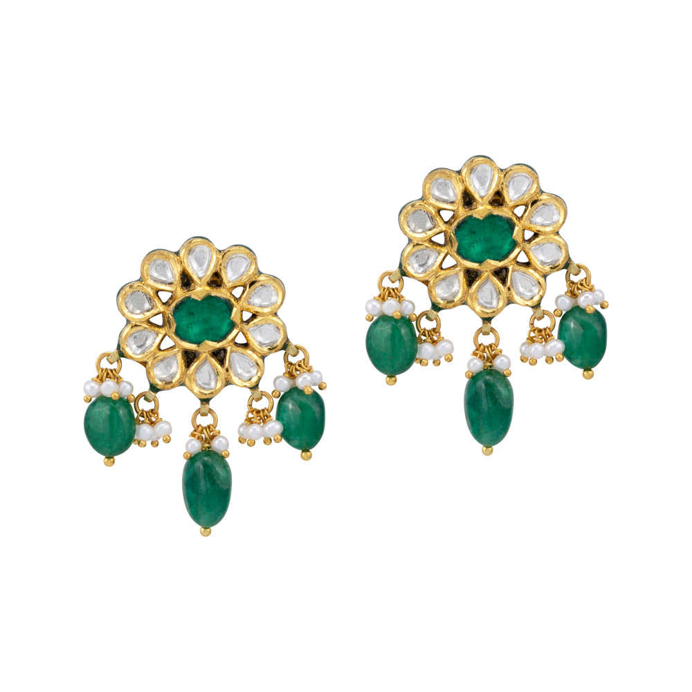 Green Talaf Floral Studs with Polkis, Emerald and Pearls
